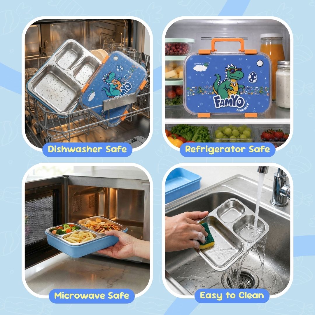 Rexy the Dino bento lunch box for kids featuring 3 stainless steel compartments, 680 ml leakproof design, BPA-free outer body, child-friendly locking clips, organised meal storage, and perfect for school lunches, travel, daycare, and everyday use.