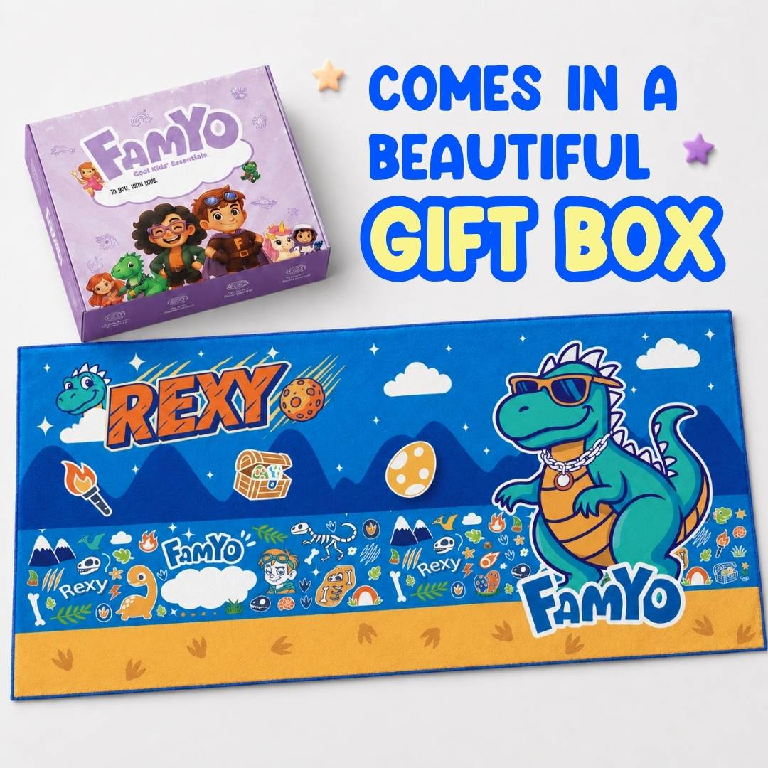 Famyo Rexy the Dinosaur Flat Towel for Kids made with premium microfiber fabric featuring quick dry technology, lightweight and travel friendly design, fade resistant print, soft and highly absorbent for bath, beach, swimming and everyday use.