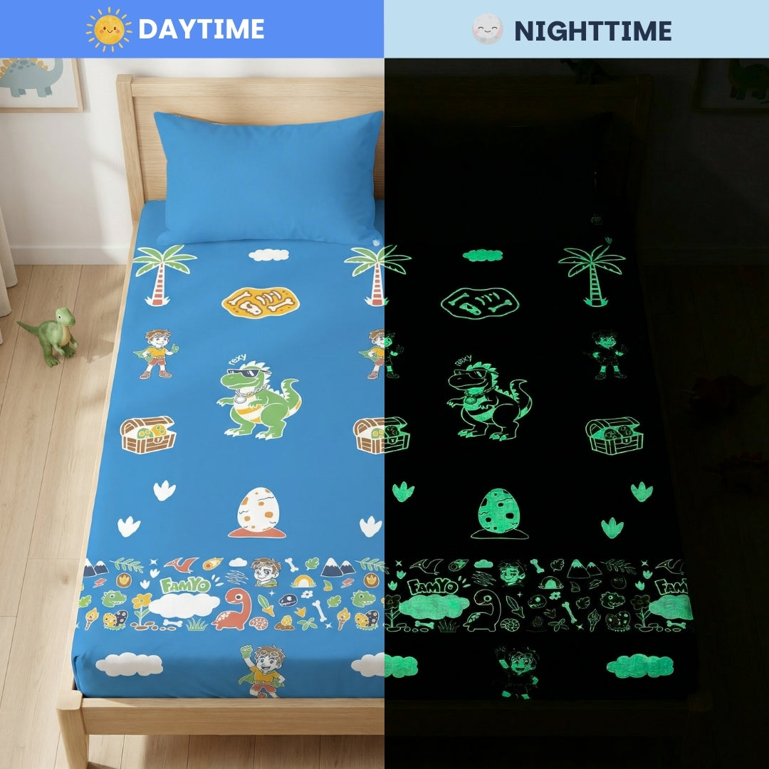 Rexy the Dino Glow Bedsheet for Kids | King Size Glow in the Dark Bedsheet Set | 300 TC Cotton-Blend | Famyo Glow Maxx