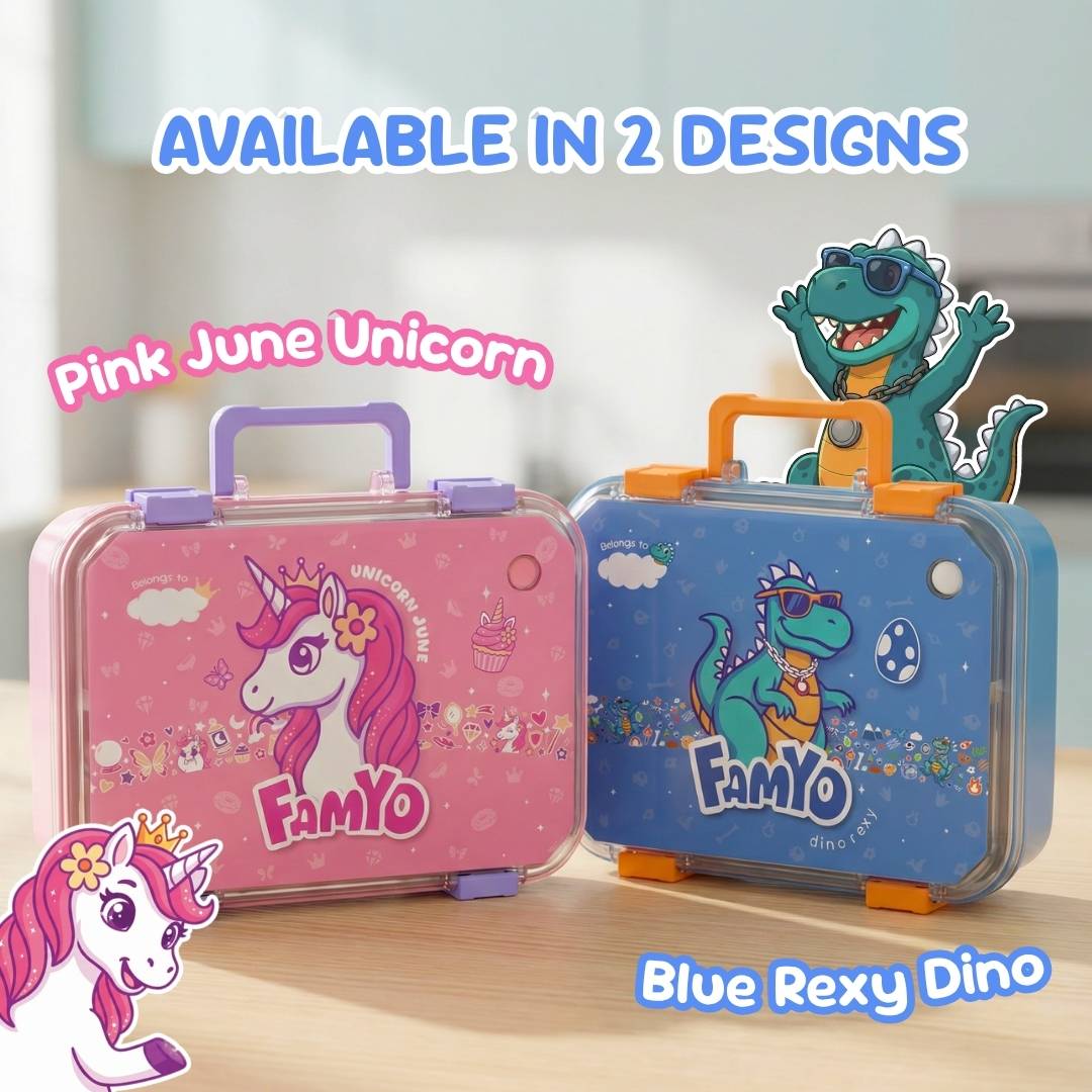 Famyo Bento Lunch box for kids - tffin box for school kids - rexy the dinosaur and june the unicorn designs for kids