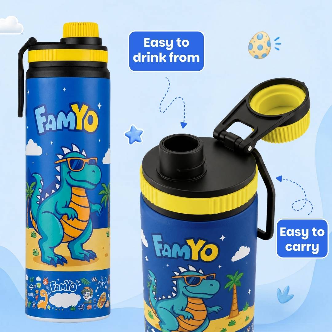 Famyo Rexy the Dinosaur water bottle for kids - 900 ml - school essential - easy to drink from - easy to carry 