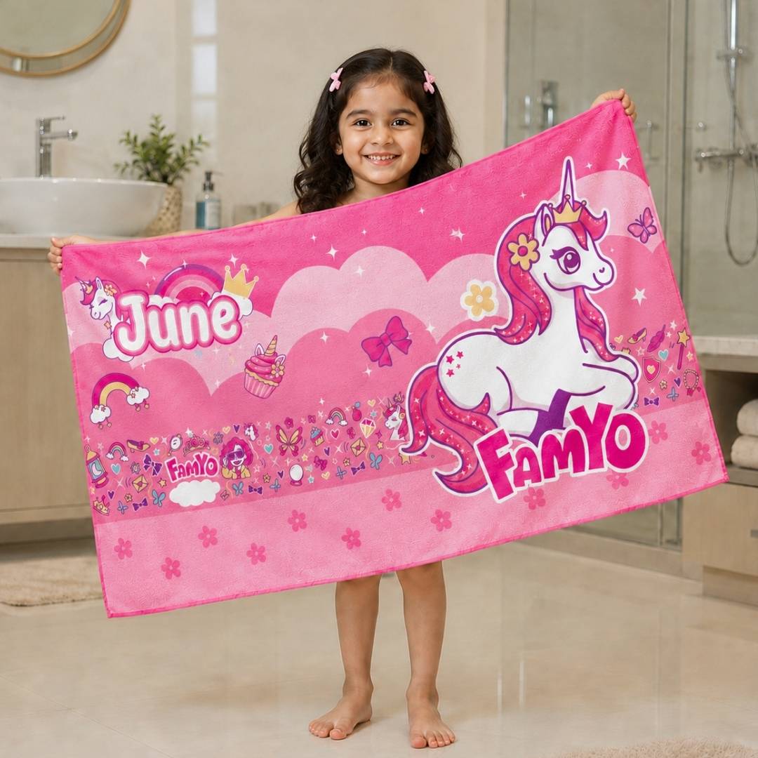 Famyo June the Unicorn Flat Towel for Kids made with premium microfiber fabric featuring quick dry technology, lightweight and travel friendly design, fade resistant print, soft and highly absorbent for bath, beach, swimming and everyday use.
