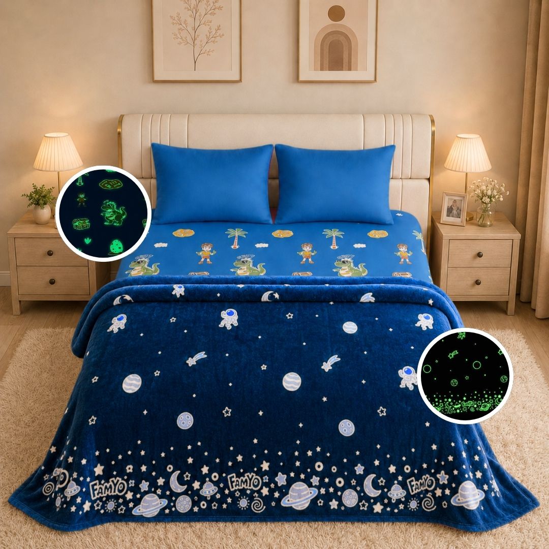 Dark Blue Astronaut Glow Blanket & Rexy the Dino Glow Bedsheet Set for Kids | 4 PC Glow in the Dark Bedding Set | Queen Size Blanket & King Size Bedsheet