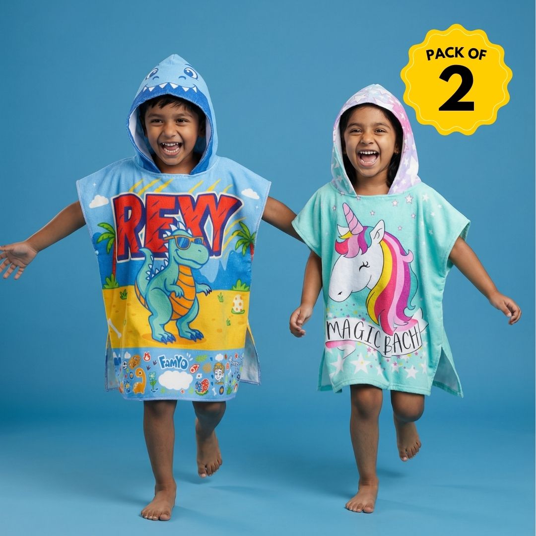 Rexy the Dino & Magic Beach Pink Unicorn Poncho Towels – Set of 2 | Quick-Dry Microfiber Hooded Towels for Kids (1–7 Years)
