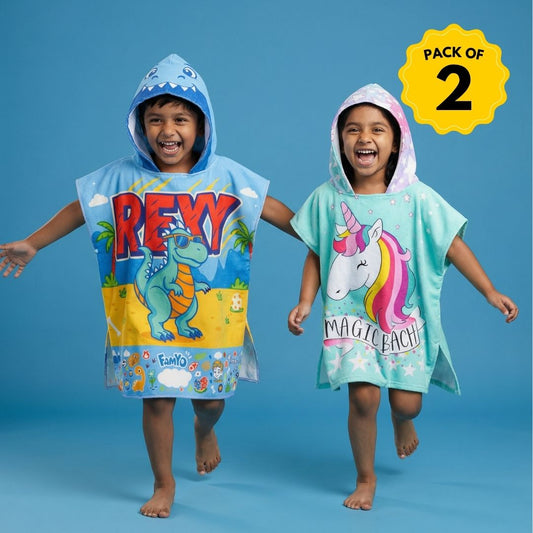 Rexy the Dino & Magic Beach Pink Unicorn Poncho Towels – Set of 2 | Quick-Dry Microfiber Hooded Towels for Kids (1–7 Years)