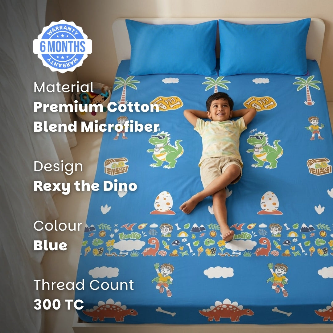 Pack of 2 Rexy the Dino glow bedsheet sets for kids featuring king-size fitted bedsheets, matching pillow covers, premium 300 TC cotton-blend microfiber, glow in the dark design, breathable comfort, elastic corners, and child-safe materials.