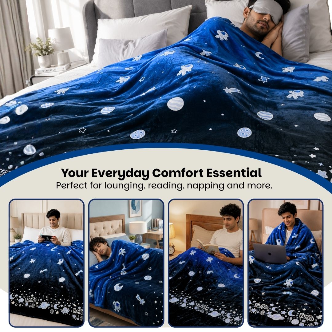 Leo the Astronaut Glow Quilt/Blanket/AC Comforter, Poncho Towel & Bath Towel Combo for Kids | Glow Blanket & Quick-Dry Towels | Gift Set for Kids
