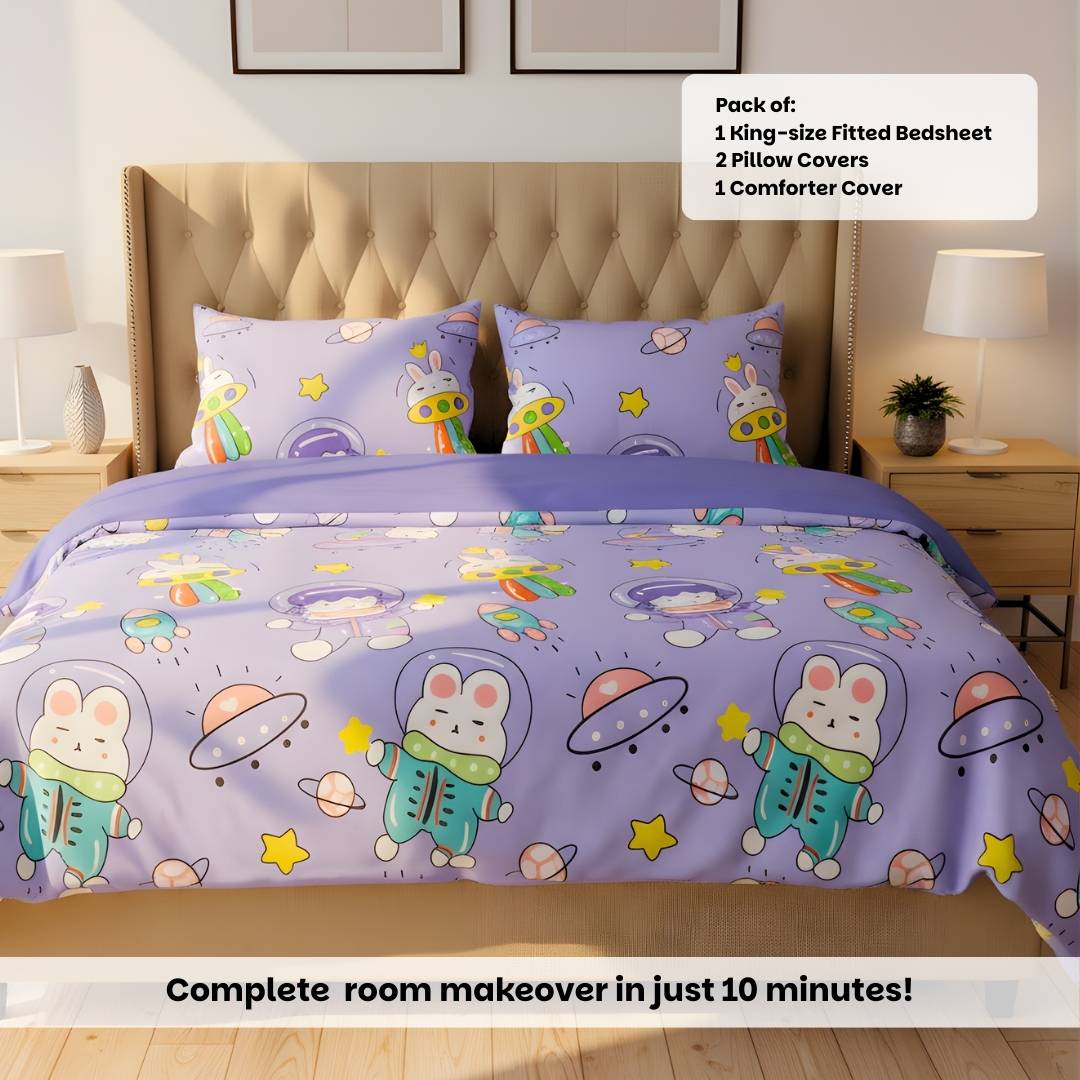 Purple Astronaut 250TC King Bed Sheet Set (Set of 4 or Set of 5)