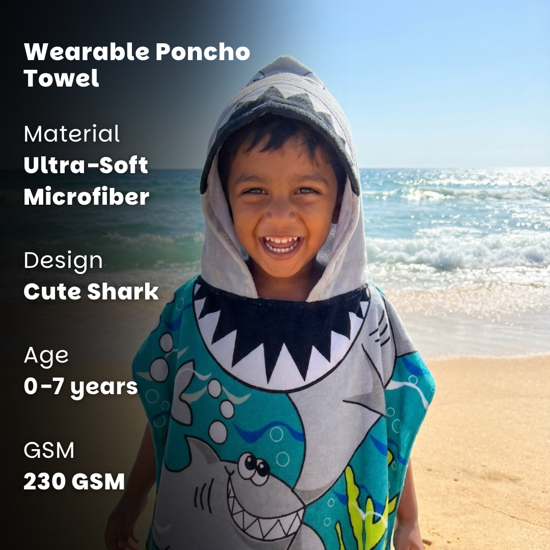 Cute Shark Hooded Poncho Towel for Kids | Quick-Dry, Highly Absorbent Microfiber Bath Towel