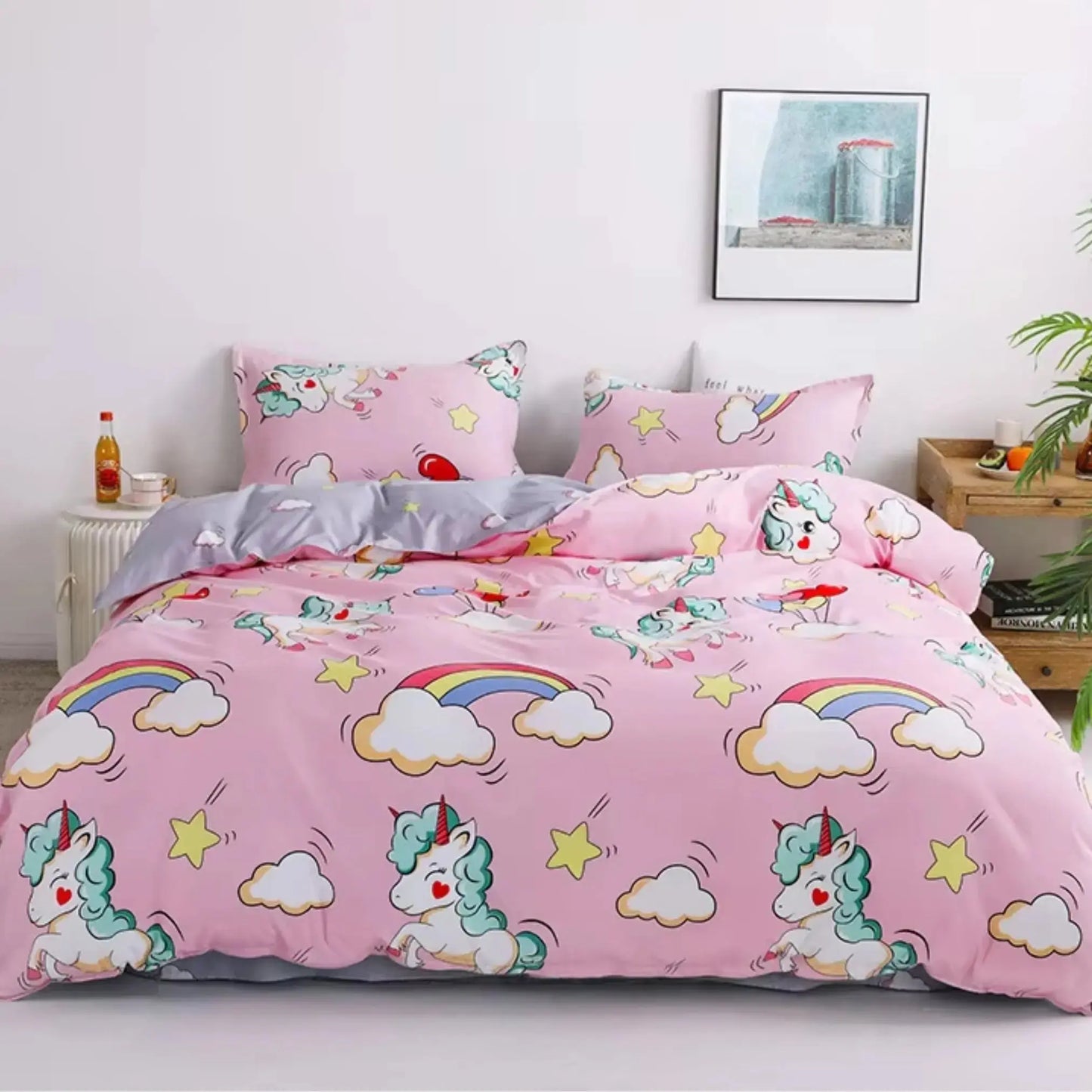 4pc/5pc King Bedding Set- Comforter Cover, Fitted Bedsheet, 2 Pillow Covers, Comforter in Pink Unicorn & Rainbow