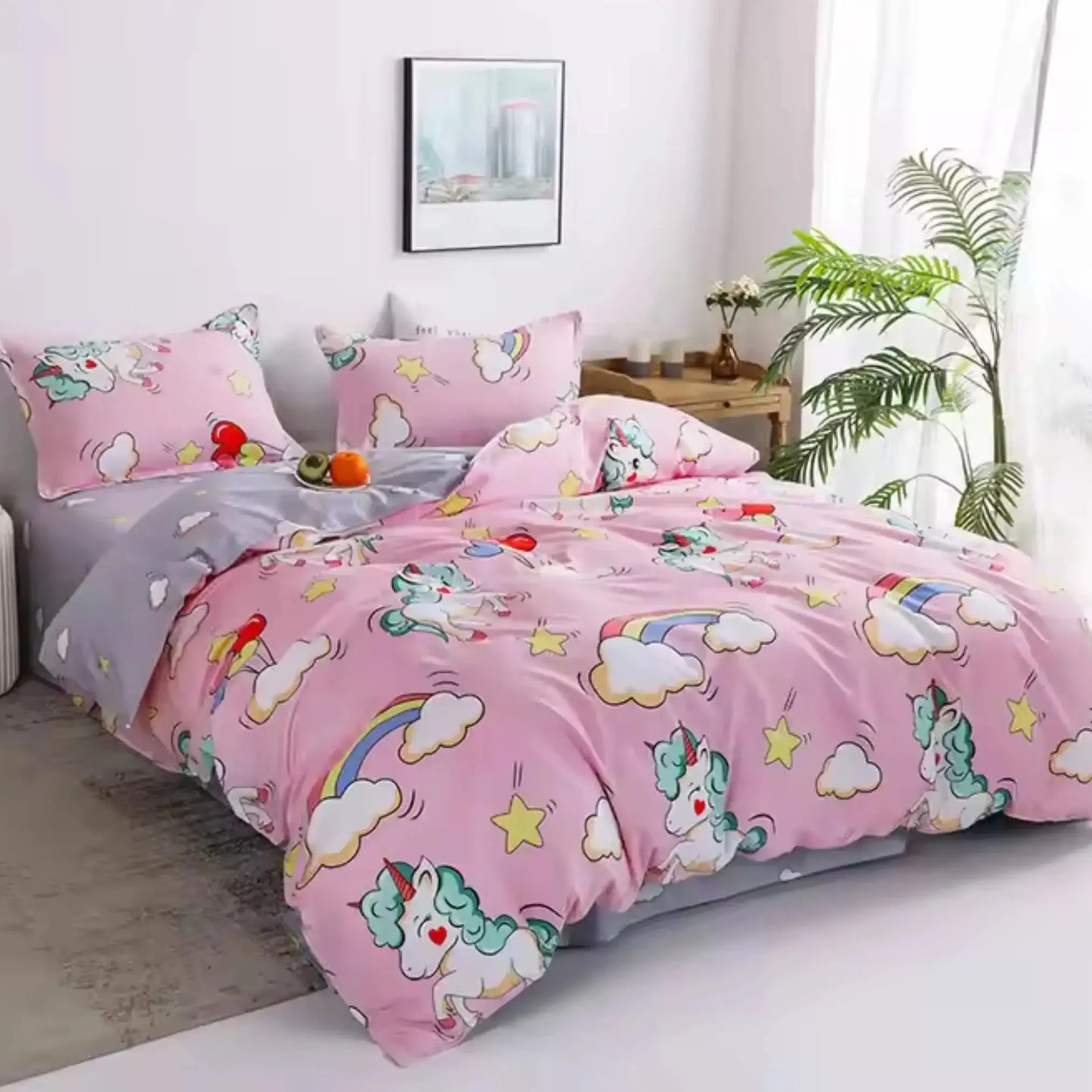 4pc/5pc King Bedding Set- Comforter Cover, Fitted Bedsheet, 2 Pillow Covers, Comforter in Pink Unicorn & Rainbow