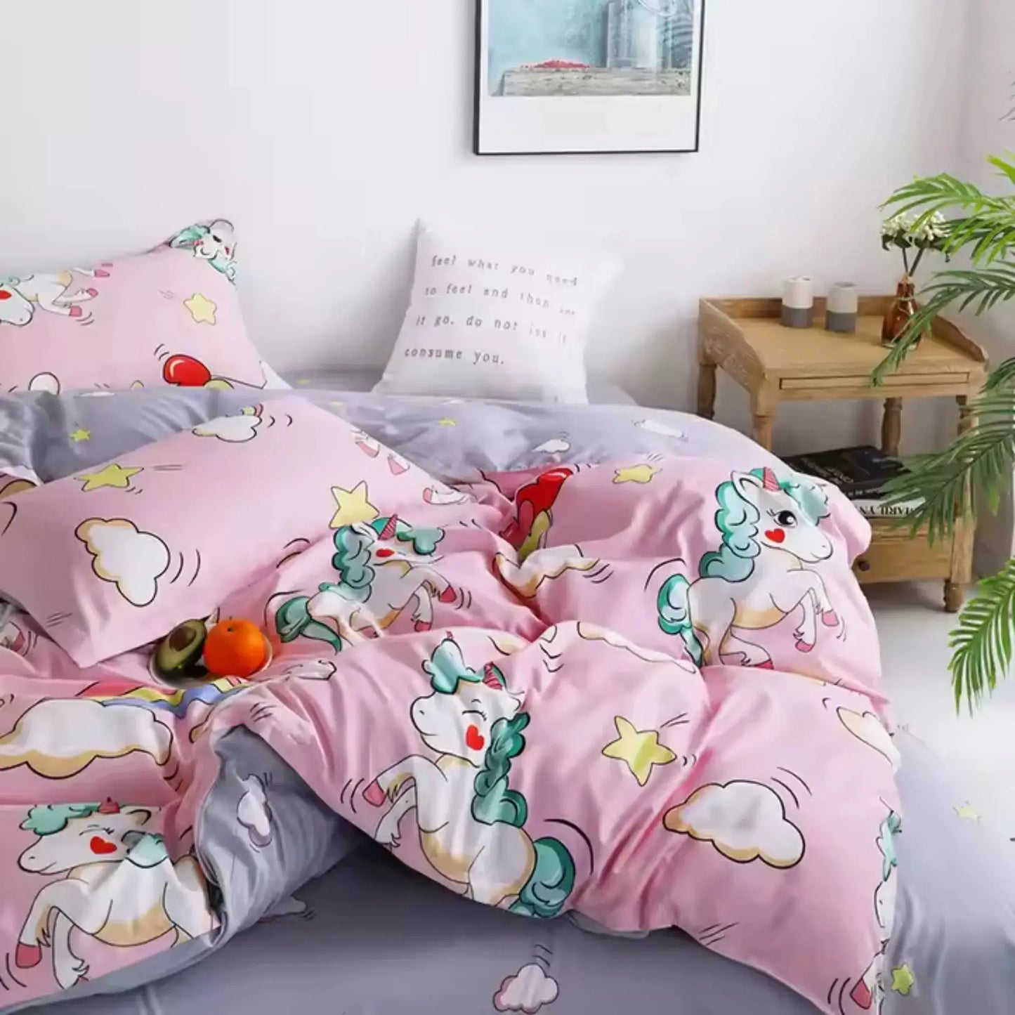 4pc/5pc King Bedding Set- Comforter Cover, Fitted Bedsheet, 2 Pillow Covers, Comforter in Pink Unicorn & Rainbow