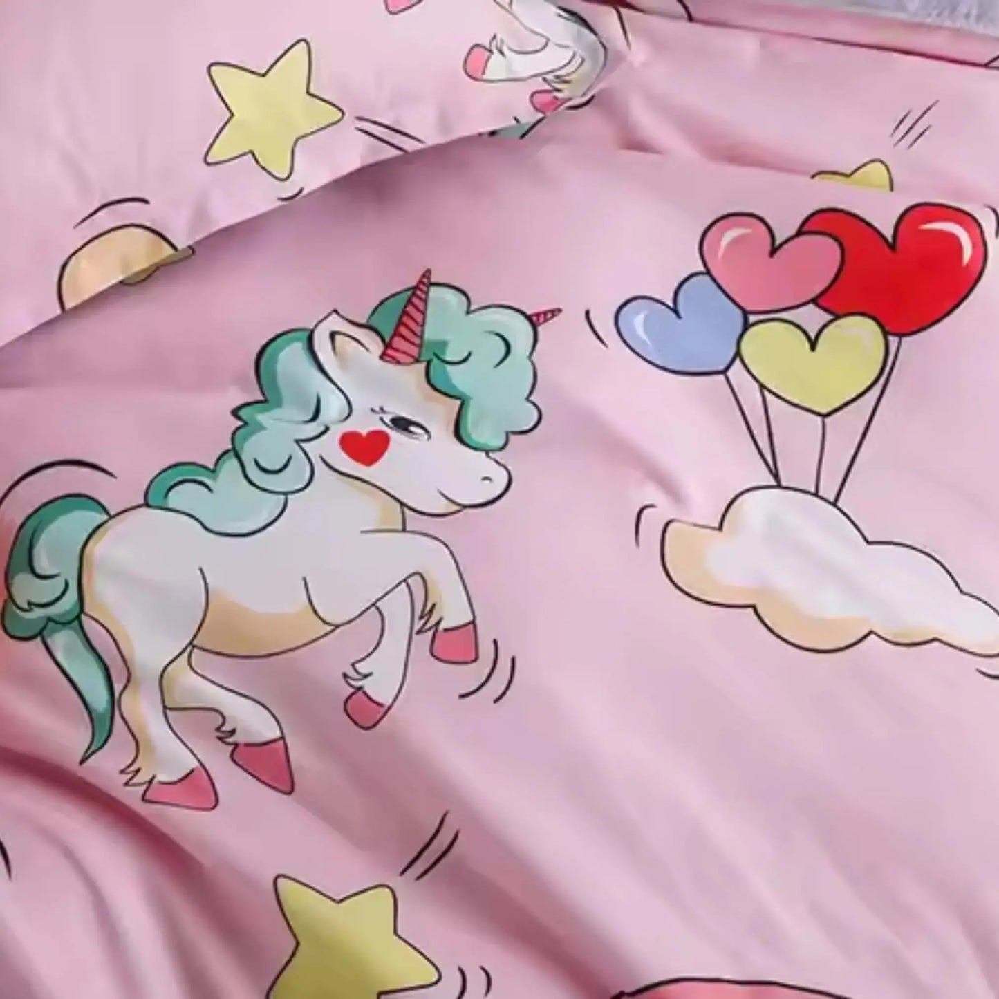 4pc/5pc King Bedding Set- Comforter Cover, Fitted Bedsheet, 2 Pillow Covers, Comforter in Pink Unicorn & Rainbow