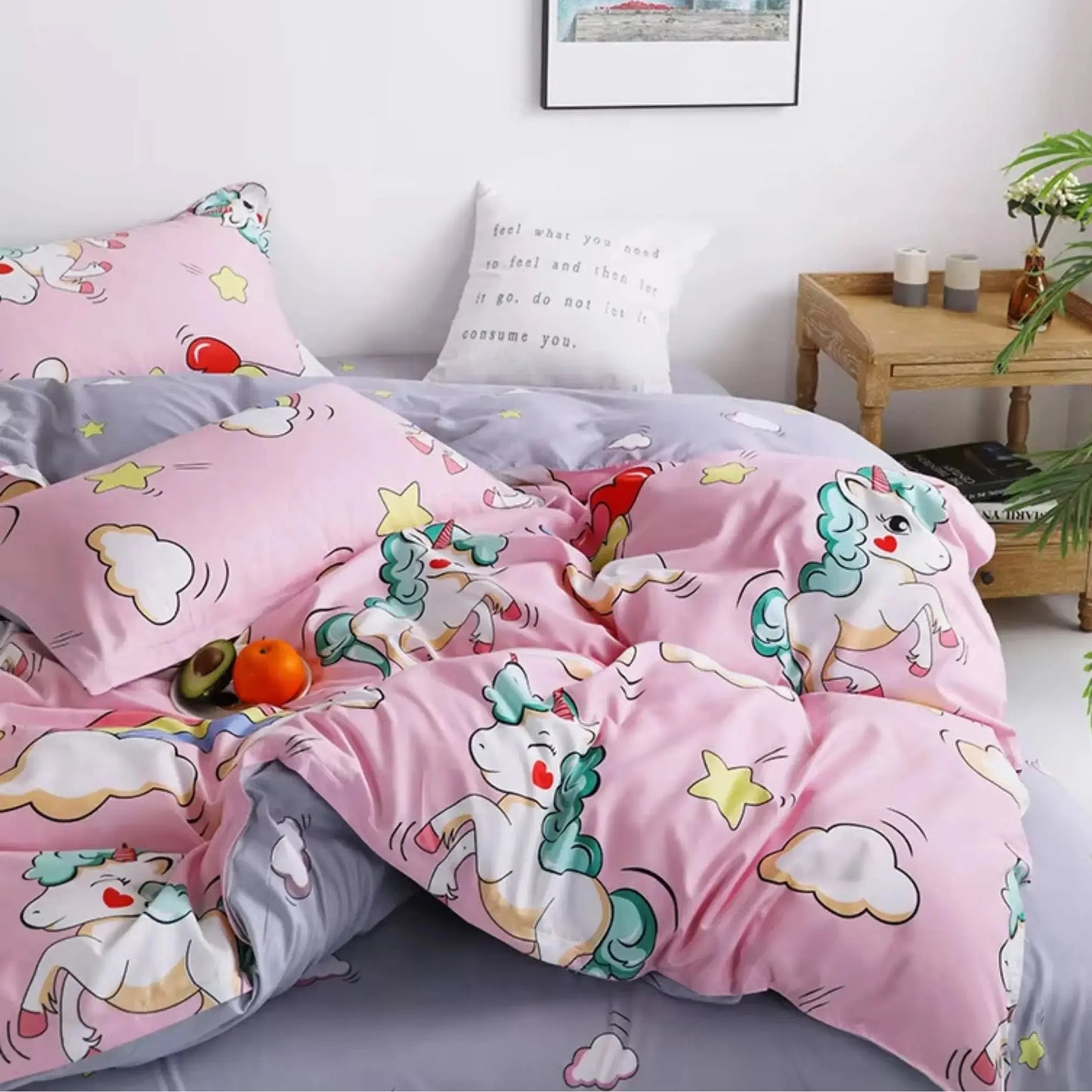 4pc/5pc King Bedding Set- Comforter Cover, Fitted Bedsheet, 2 Pillow Covers, Comforter in Pink Unicorn & Rainbow