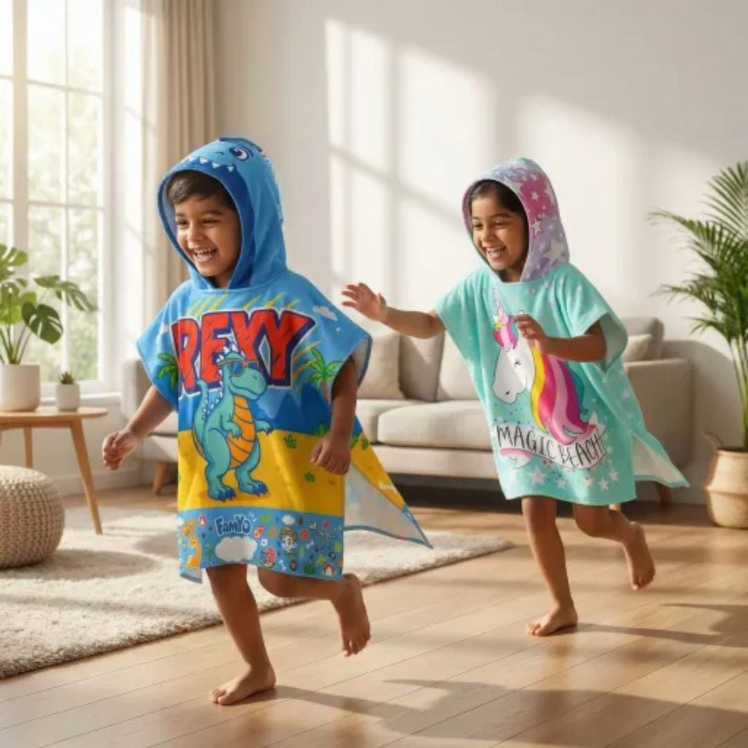 Rexy the Dino & Magic Beach Pink Unicorn Poncho Towels – Set of 2 | Quick-Dry Microfiber Hooded Towels for Kids (1–7 Years)