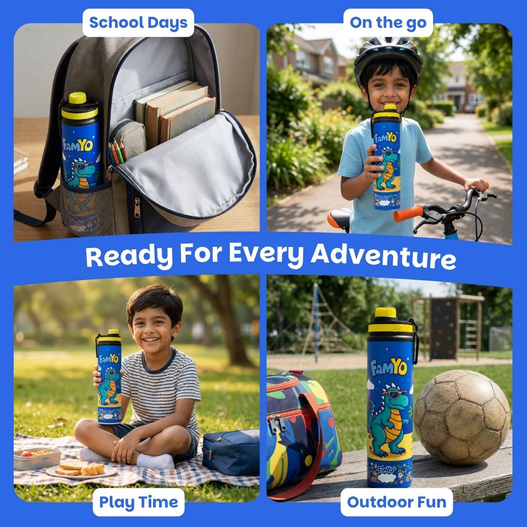Famyo Rexy the Dinosaur water bottle for kids - 900 ml - school essential - school days - on the go - play time - outdoor fun for kids 