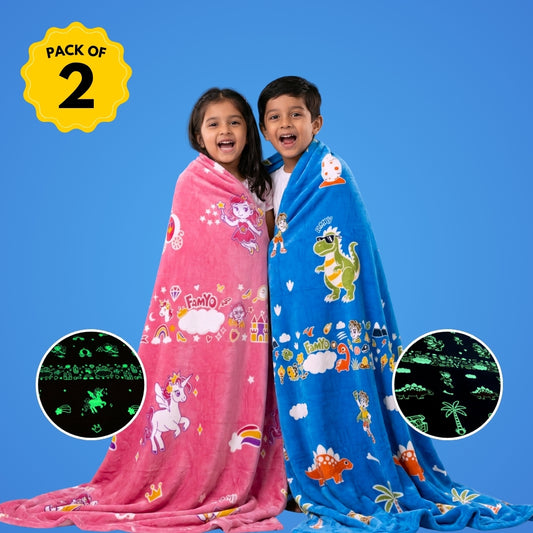 June the Unicorn & Rexy the Dino Glow Maxx Blanket, Set of 2 – Glow Maxx Series | Soft Flannel Queen Size AC Blankets, 200×152 cm