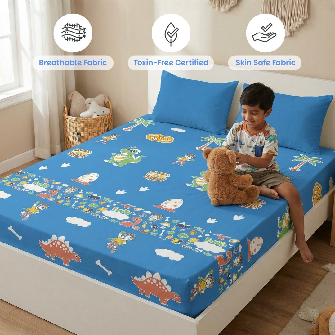 Rexy the Dino Glow Bedsheet for Kids | King Size Glow in the Dark Bedsheet Set | 300 TC Cotton-Blend | Famyo Glow Maxx