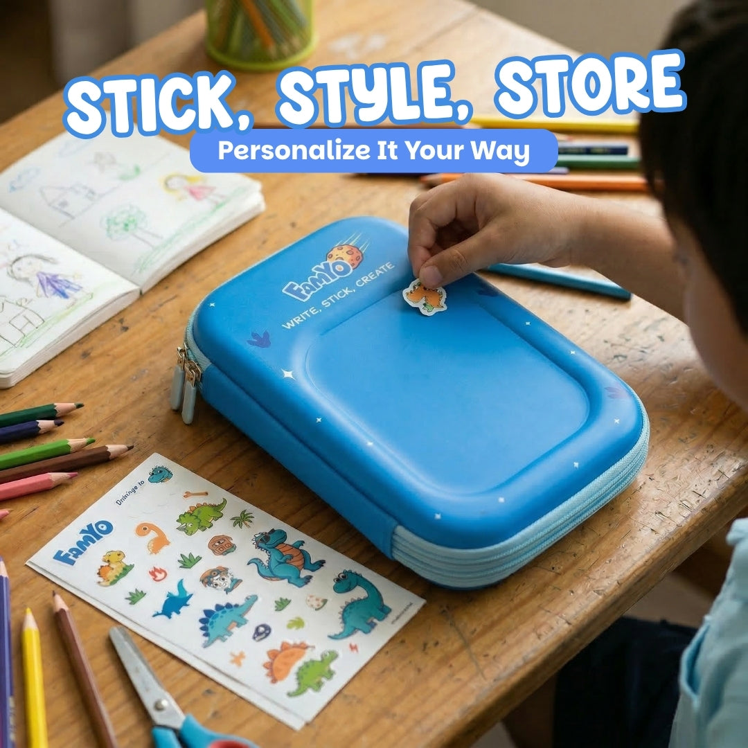 Famyo Blue pencil case with dinosaur design for kids school stationery organisation - stick on pad at the back