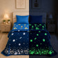 Dark Blue Astronaut Glow Blanket & Rexy the Dino Glow Bedsheet Set for Kids | 4 PC Glow in the Dark Bedding Set | Queen Size Blanket & King Size Bedsheet