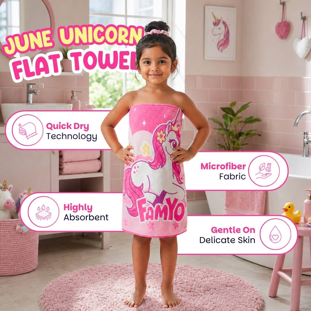 Famyo June the Unicorn Flat Towel for Kids made with premium microfiber fabric featuring quick dry technology, lightweight and travel friendly design, fade resistant print, soft and highly absorbent for bath, beach, swimming and everyday use.