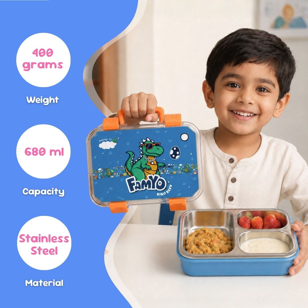 Rexy the Dino bento lunch box for kids featuring 3 stainless steel compartments, 680 ml leakproof design, BPA-free outer body, child-friendly locking clips, organised meal storage, and perfect for school lunches, travel, daycare, and everyday use.