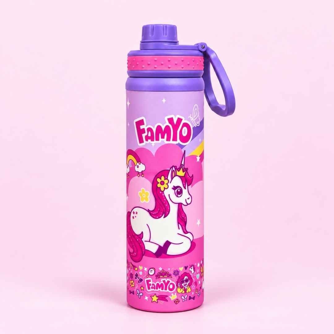 Kids stainless steel water bottle available in June the Unicorn, Rexy the Dinosaur, Leo the Astronaut, Dark Blue Astronaut, and Lavender Unicorn designs, featuring a 900 ml capacity, ideal for school, travel, and everyday hydration.