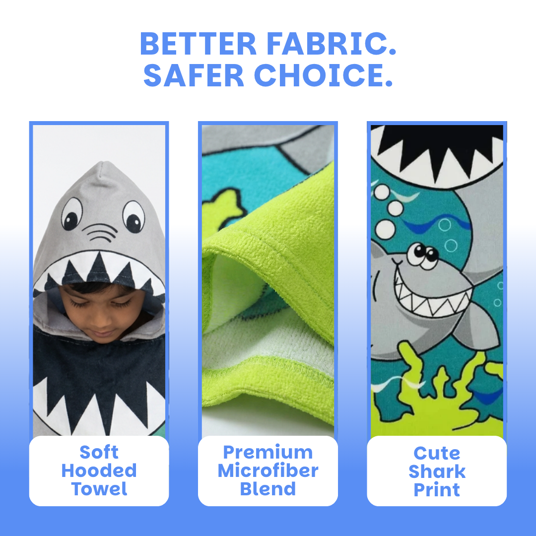 Cute Shark Hooded Poncho Towel for Kids | Quick-Dry, Highly Absorbent Microfiber Bath Towel