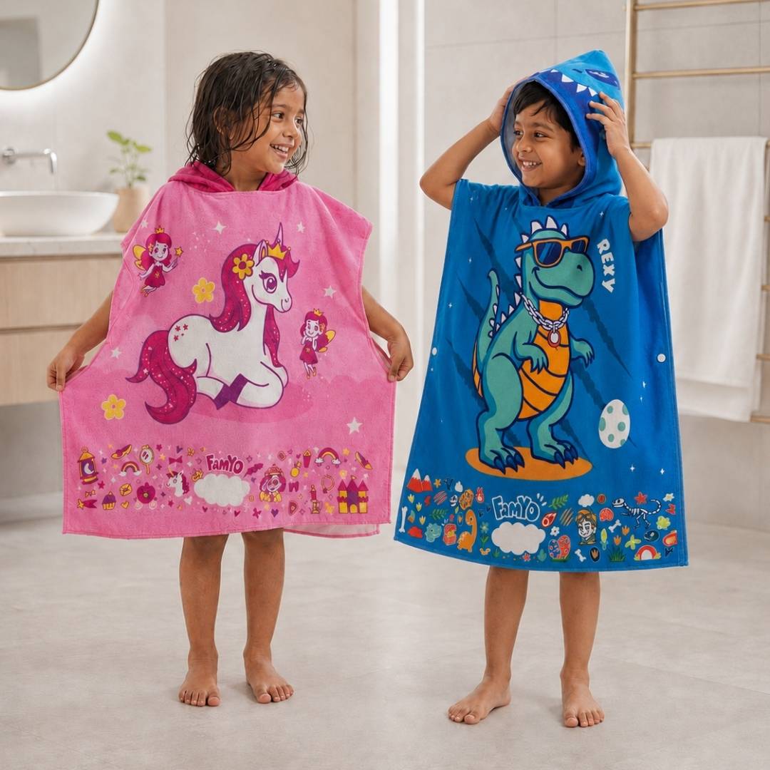 Rexy the Dino & June the Unicorn Hooded Poncho Towels for Kids, Set of 2 | Microfiber Bath Towels