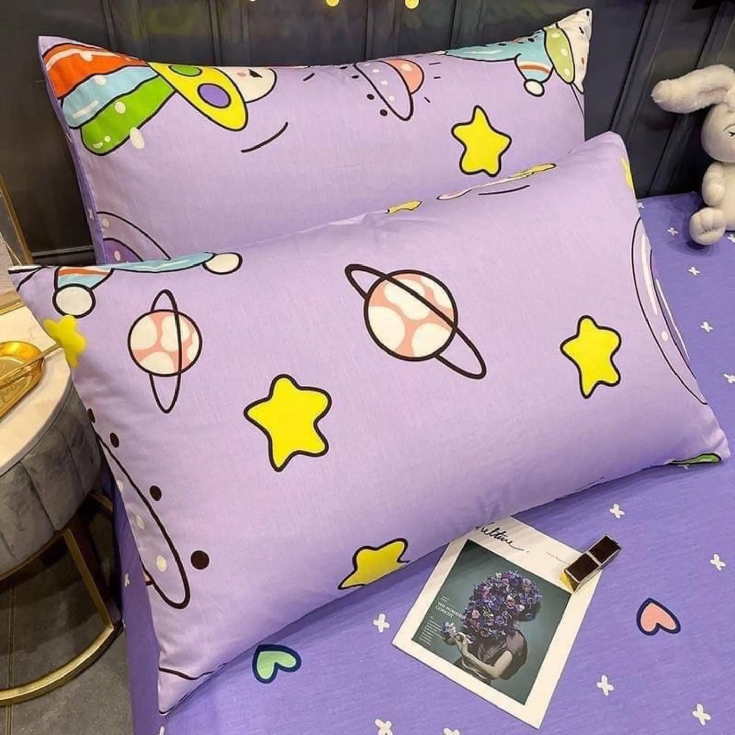 4pc/5pc King Bedding Set- Comforter Cover, Fitted Bedsheet, 2 Pillow Covers, Comforter in Purple Astronaut