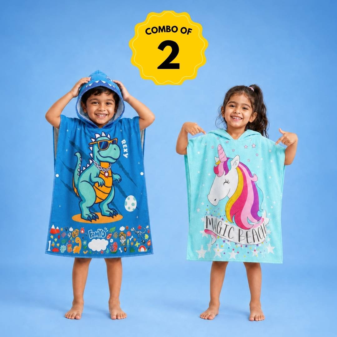 Rexy the Dino & Magic Beach Pink Unicorn Poncho Towels – Set of 2 | Quick-Dry Microfiber Hooded Towels for Kids (1–7 Years)