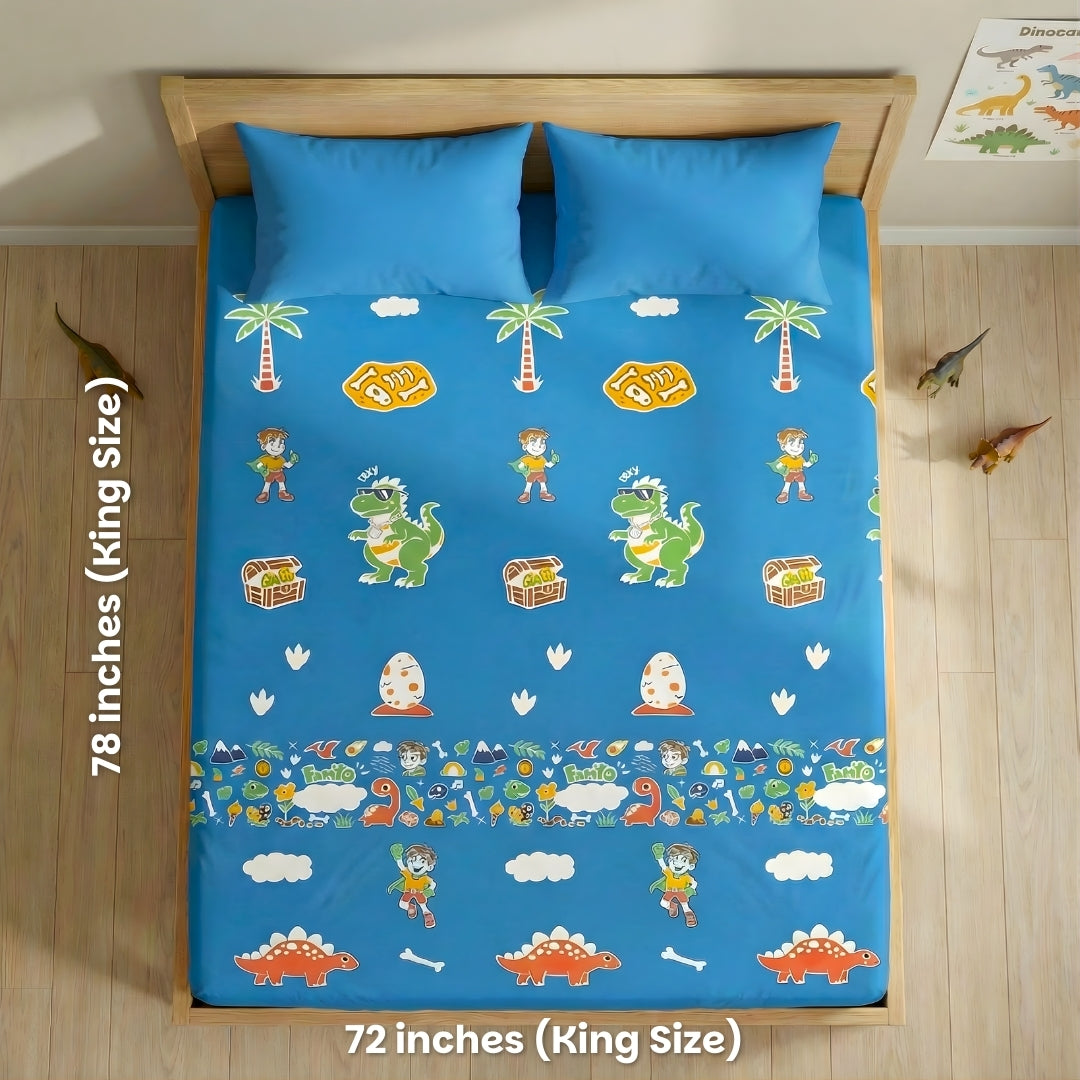 Rexy the Dino Glow Bedsheet for Kids | King Size Glow in the Dark Bedsheet Set | 300 TC Cotton-Blend | Famyo Glow Maxx