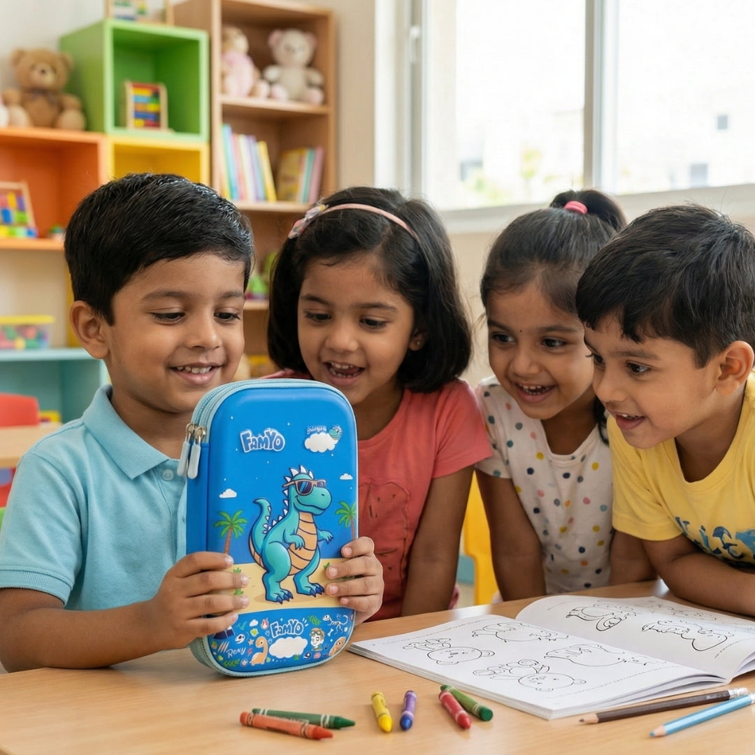 Famyo Blue pencil case with dinosaur design for kids school stationery organisation