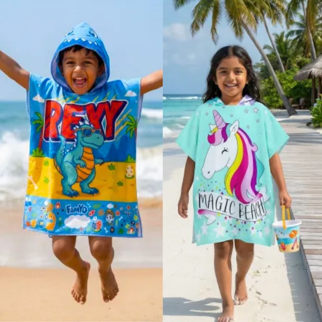 Rexy the Dino & Magic Beach Pink Unicorn Poncho Towels – Set of 2 | Quick-Dry Microfiber Hooded Towels for Kids (1–7 Years)