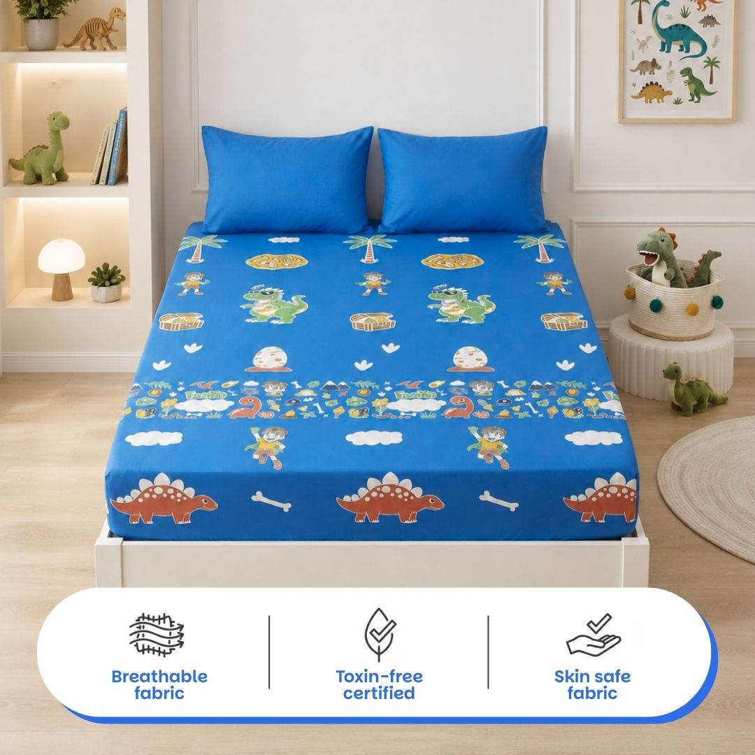 Dark Blue Astronaut Glow Blanket & Rexy the Dino Glow Bedsheet Set for Kids | 4 PC Glow in the Dark Bedding Set | Queen Size Blanket & King Size Bedsheet