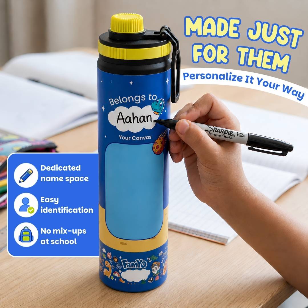 Famyo Rexy the Dinosaur water bottle for kids - 900 ml - school essential - dedicated name space  - easy identification - no mix ups at school - personalize it your way 