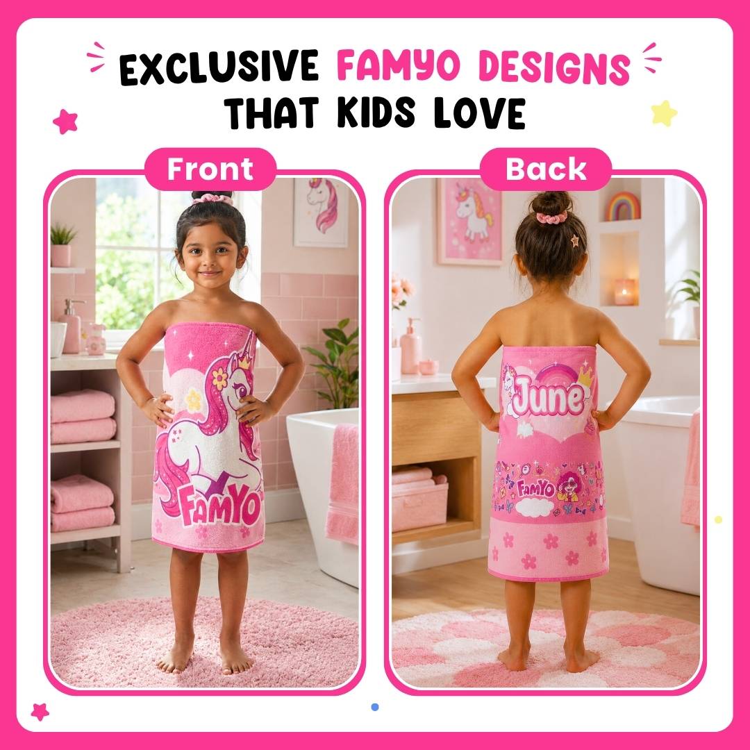 Famyo June the Unicorn Flat Towel for Kids made with premium microfiber fabric featuring quick dry technology, lightweight and travel friendly design, fade resistant print, soft and highly absorbent for bath, beach, swimming and everyday use.