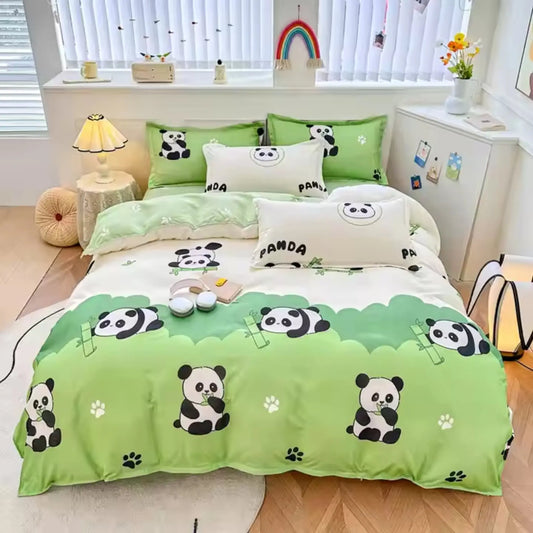 4pc/5pc King Bedding Set- Comforter Cover, Fitted Bedsheet, 2 Pillow Covers, Comforter Green Panda Famyo