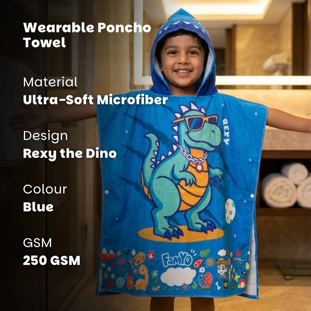Rexy the Dino hooded poncho towel for kids featuring soft quick-dry terry fabric, lightweight absorbent design, wearable hood with knee-length coverage, and ideal for bath, beach, pool, swimming, travel, and everyday use.