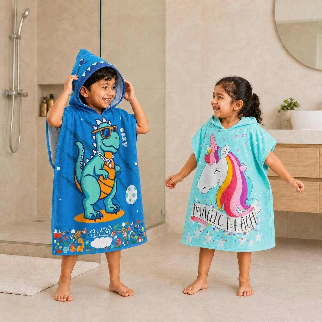 Rexy the Dino & Magic Beach Pink Unicorn Poncho Towels – Set of 2 | Quick-Dry Microfiber Hooded Towels for Kids (1–7 Years)