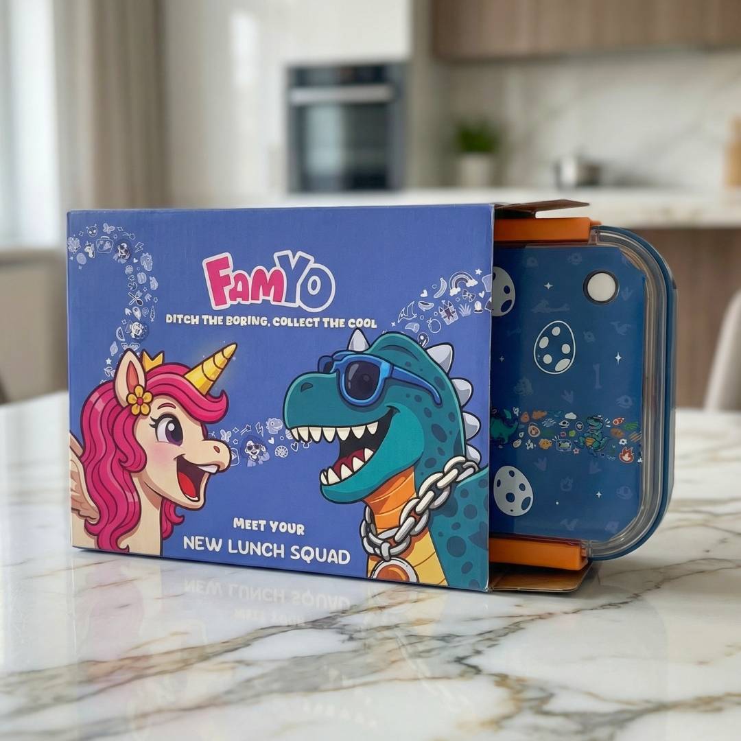 Famyo Bento lunch boxes for kids - Rexy the dinosaur and June the Unicorn designs for kids - perfect for gifting - comes in a gifting box