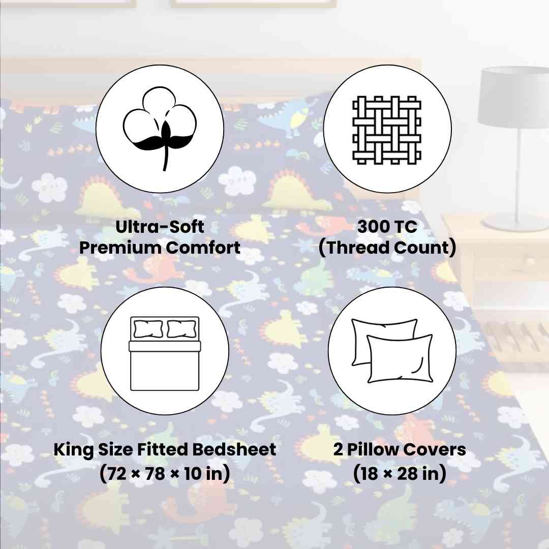 3pc King Size Bedsheet Set – Fitted Bedsheet & 2 Pillow Covers | Dark Blue Dino Kids Bedsheet Set Famyo Shop WH