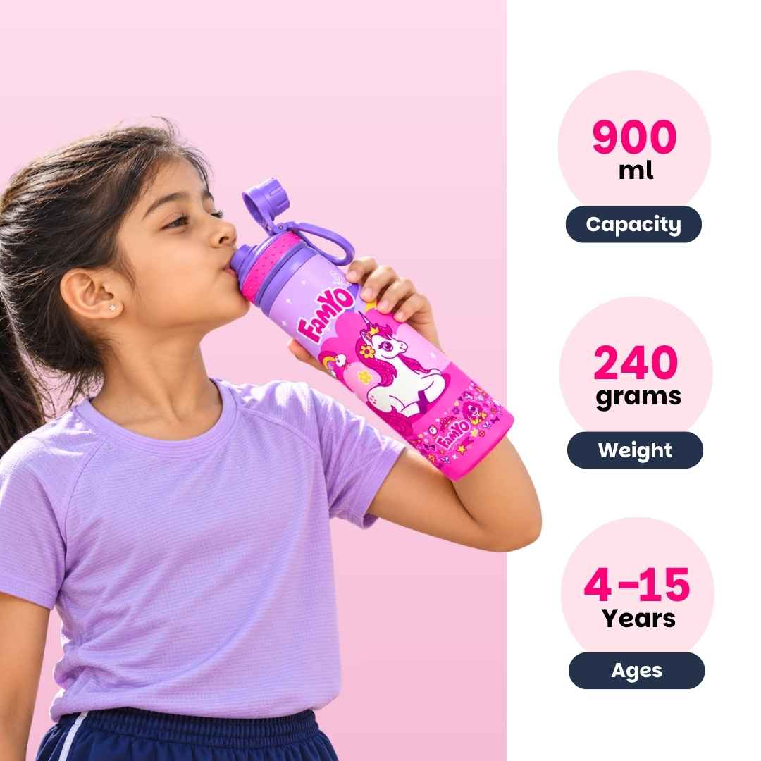 Kids stainless steel water bottle available in June the Unicorn, Rexy the Dinosaur, Leo the Astronaut, Dark Blue Astronaut, and Lavender Unicorn designs, featuring a 900 ml capacity, ideal for school, travel, and everyday hydration.