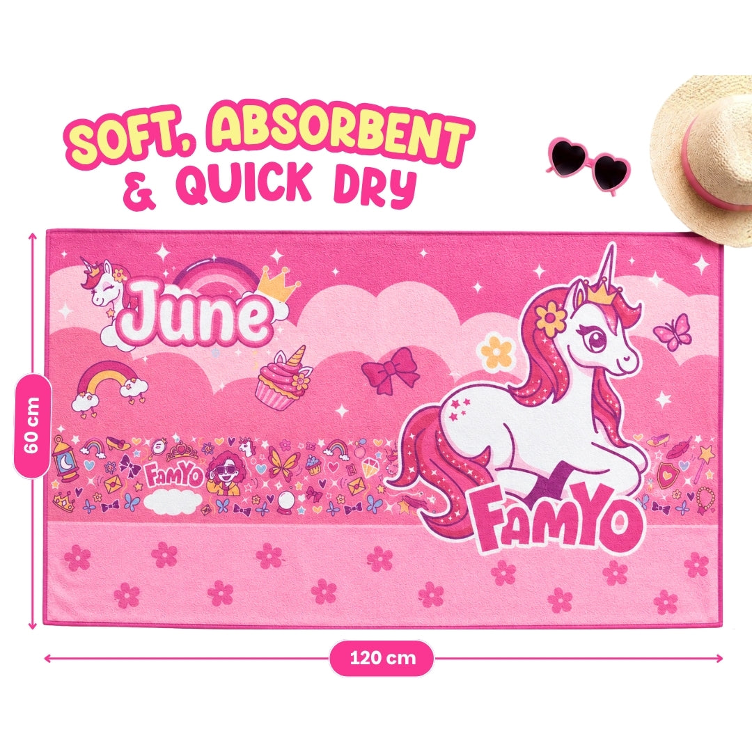 June the Unicorn kids towel combo featuring two soft quick-dry terry towels, lightweight absorbent fabric, 70 × 140 cm size, and perfect for bath, beach, pool, swimming, travel, and everyday use.