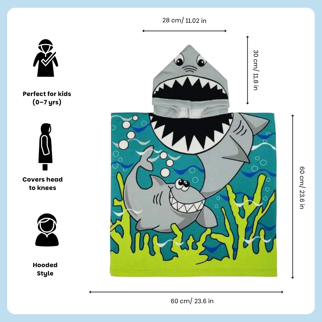 Cute Shark Hooded Poncho Towel for Kids | Quick-Dry, Highly Absorbent Microfiber Bath Towel