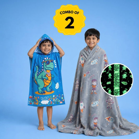 Leo the Astro Glow in the Dark Quilt/Blanket/AC Comforter & Rexy the Dino Hooded Poncho Towel Set for Kids | Glow Maxx & Hood Maxx Series