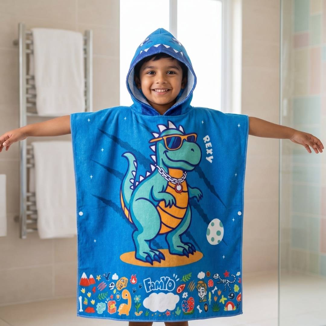 Rexy the Dino Glow in the Dark Quilt/Blanket/AC Comforter & Hooded Poncho Towel Set for Kids | Glow Maxx & Hood Maxx Series