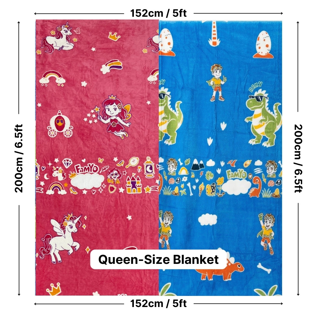 June the Unicorn & Rexy the Dino Glow Maxx Blanket, Set of 2 – Glow Maxx Series | Soft Flannel Queen Size AC Blankets, 200×152 cm