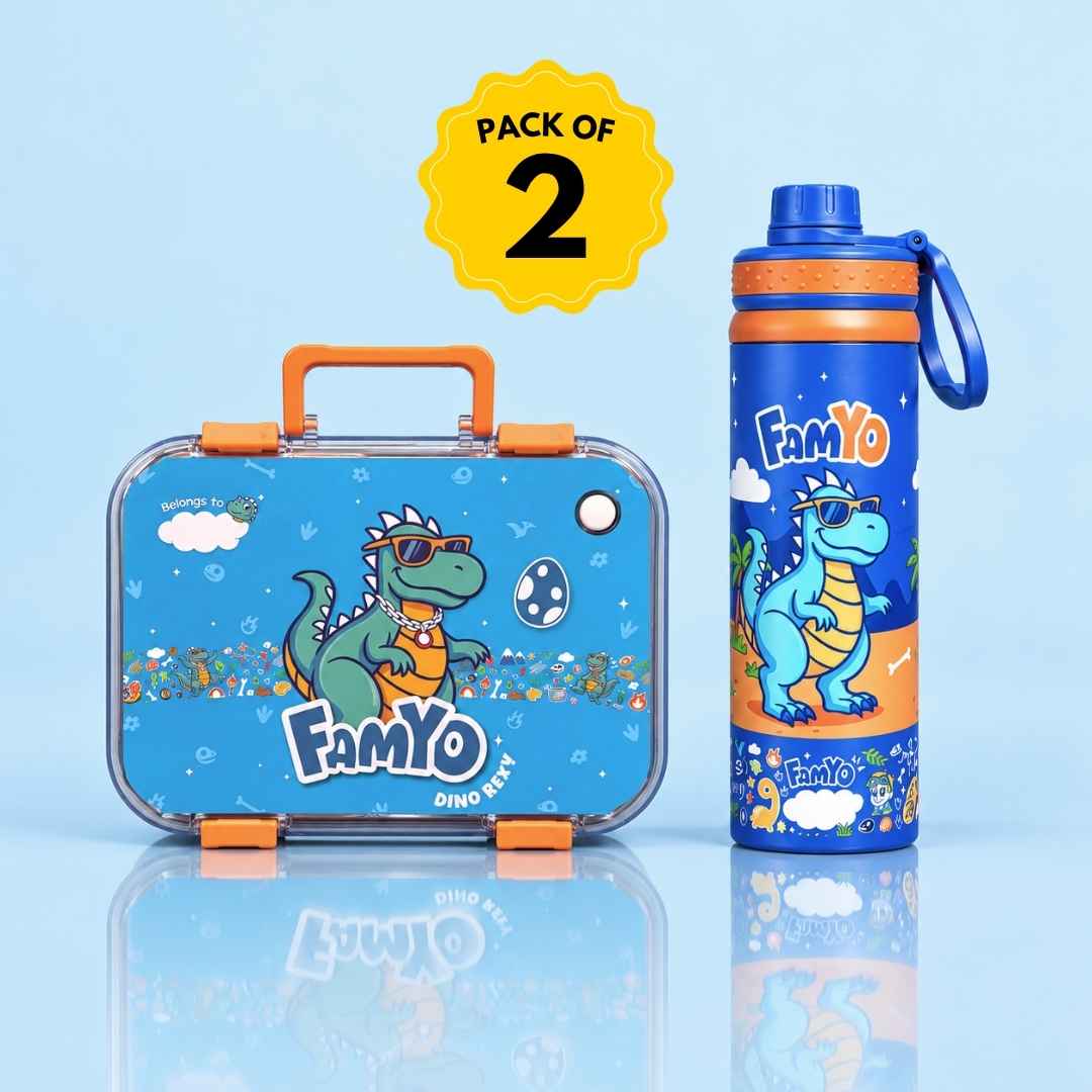 Rexy Dinosaur Bento Lunch Box & Water Bottle Combo for Kids | Leakproof Bento Box & 900 ML Stainless Steel Water Bottle | School Essentials Set | Perfect for Festive Gifting