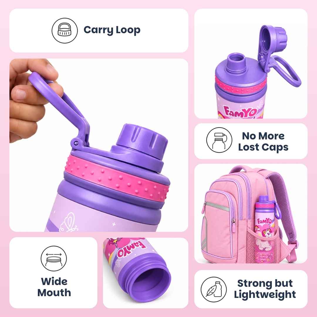 Kids stainless steel water bottle available in June the Unicorn, Rexy the Dinosaur, Leo the Astronaut, Dark Blue Astronaut, and Lavender Unicorn designs, featuring a 900 ml capacity, ideal for school, travel, and everyday hydration.